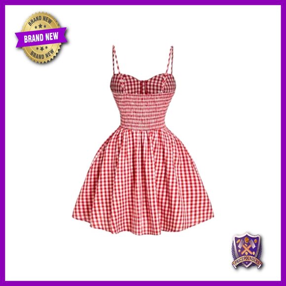 Plaid Cami Dress Spaghetti Strap Ruffle Hem Button Front Casual Chic - Picture 2 of 4